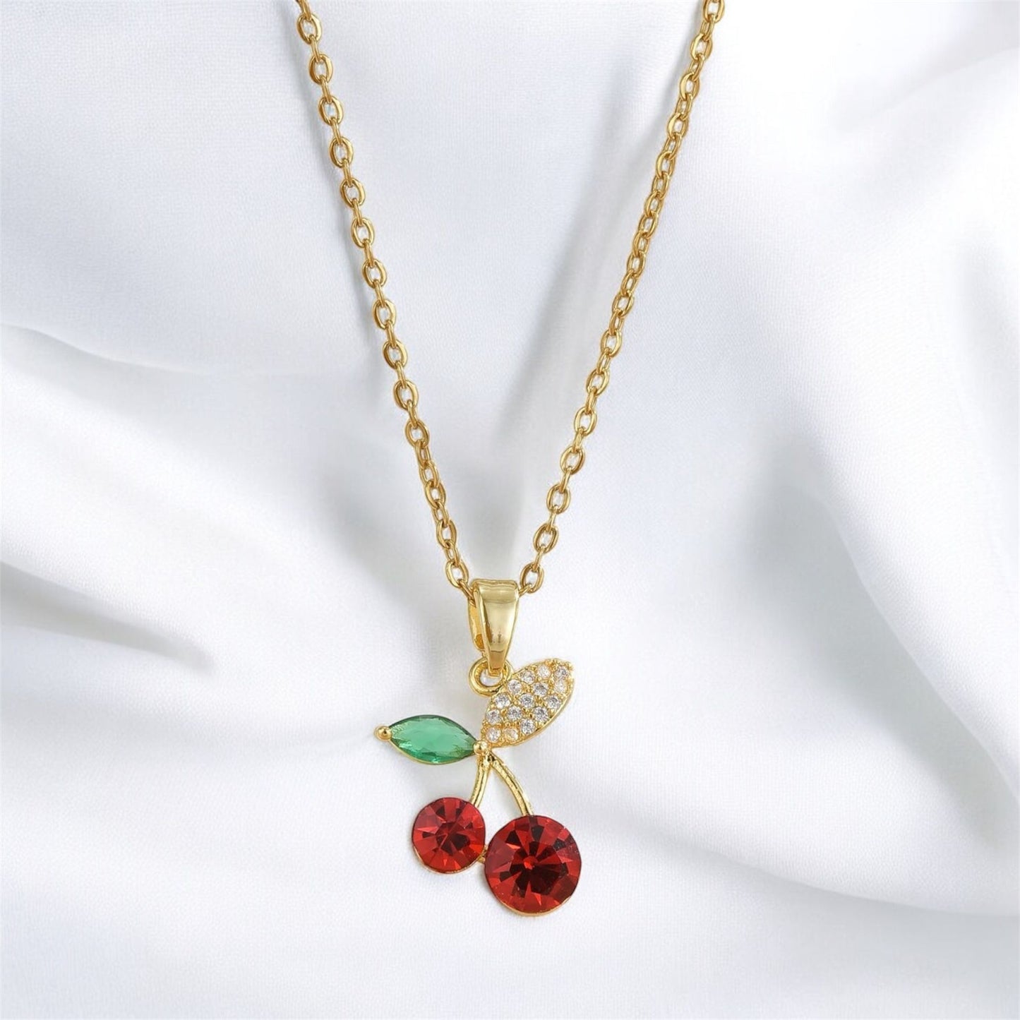 Gold Chain with Red Cherry and Green Leaves Charm – A Touch of Sweetness and Elegance