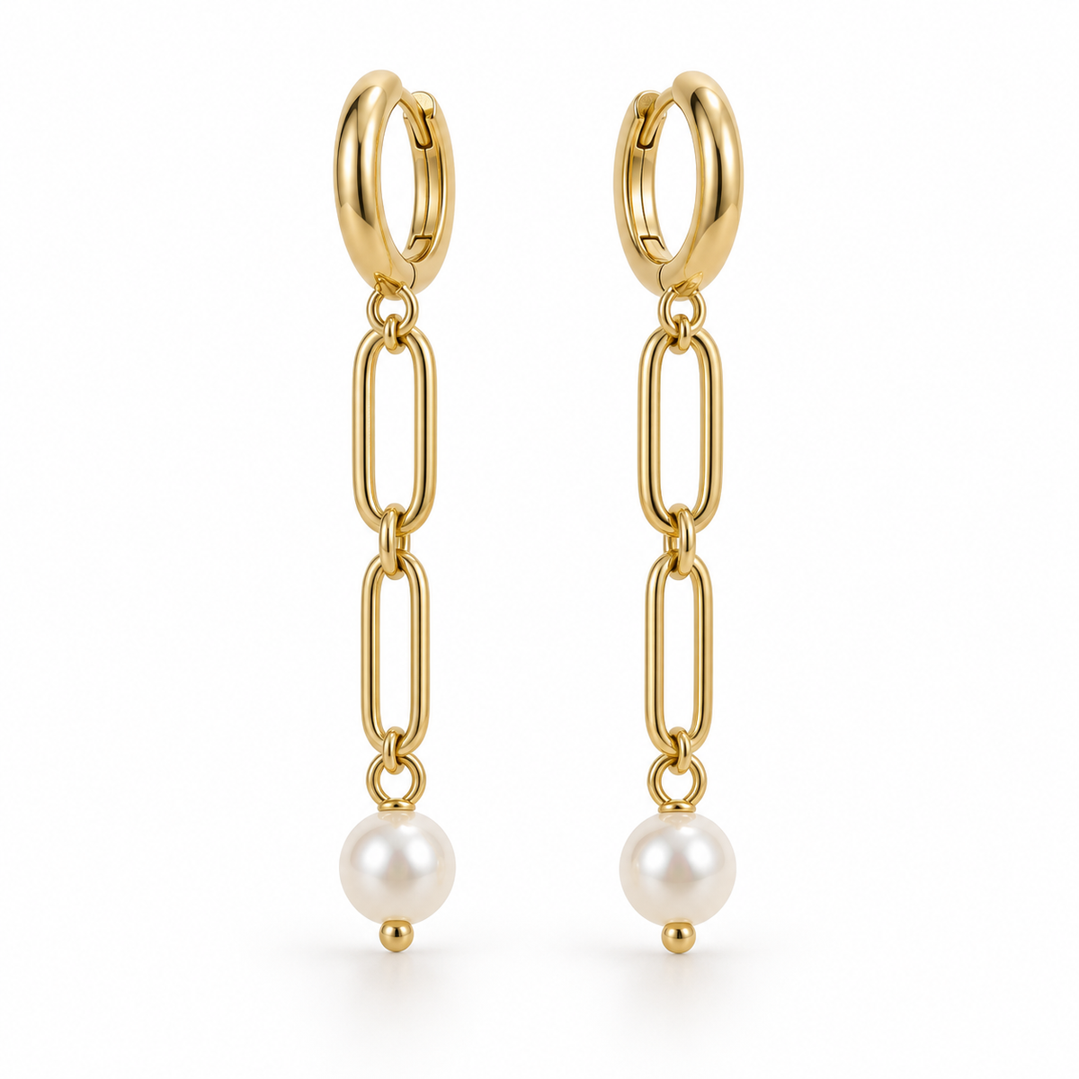Aretes Largos Dorados con Eslabones y Perla en Stainless Steel