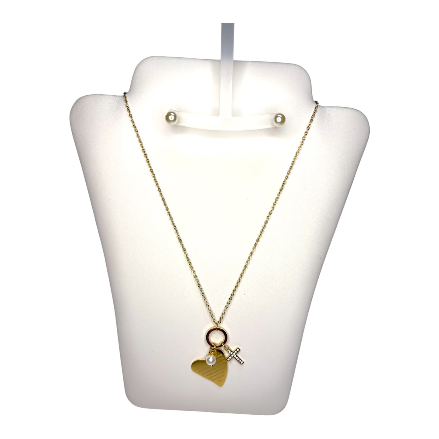 Cadena Dorada con Charms de Corazón, Cruz y Perla
