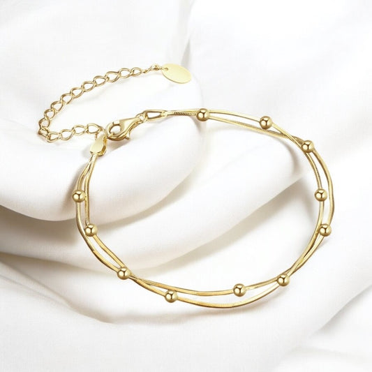 Pulsera de Plata 925 con Doble Hilo y Esferas Doradas