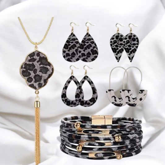 Set Completo de Joyería Animal Print en Tonos Grises – Audaz y Sofisticado