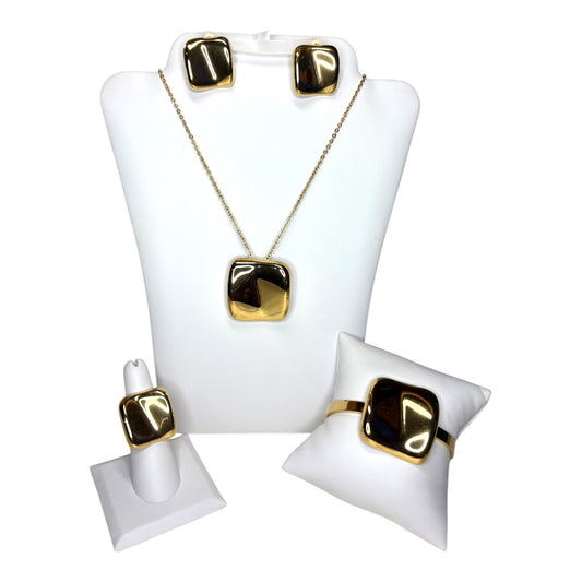 Set Dorado Estilo Cuadrado: Collar, Aretes, Pulsera y Sortija